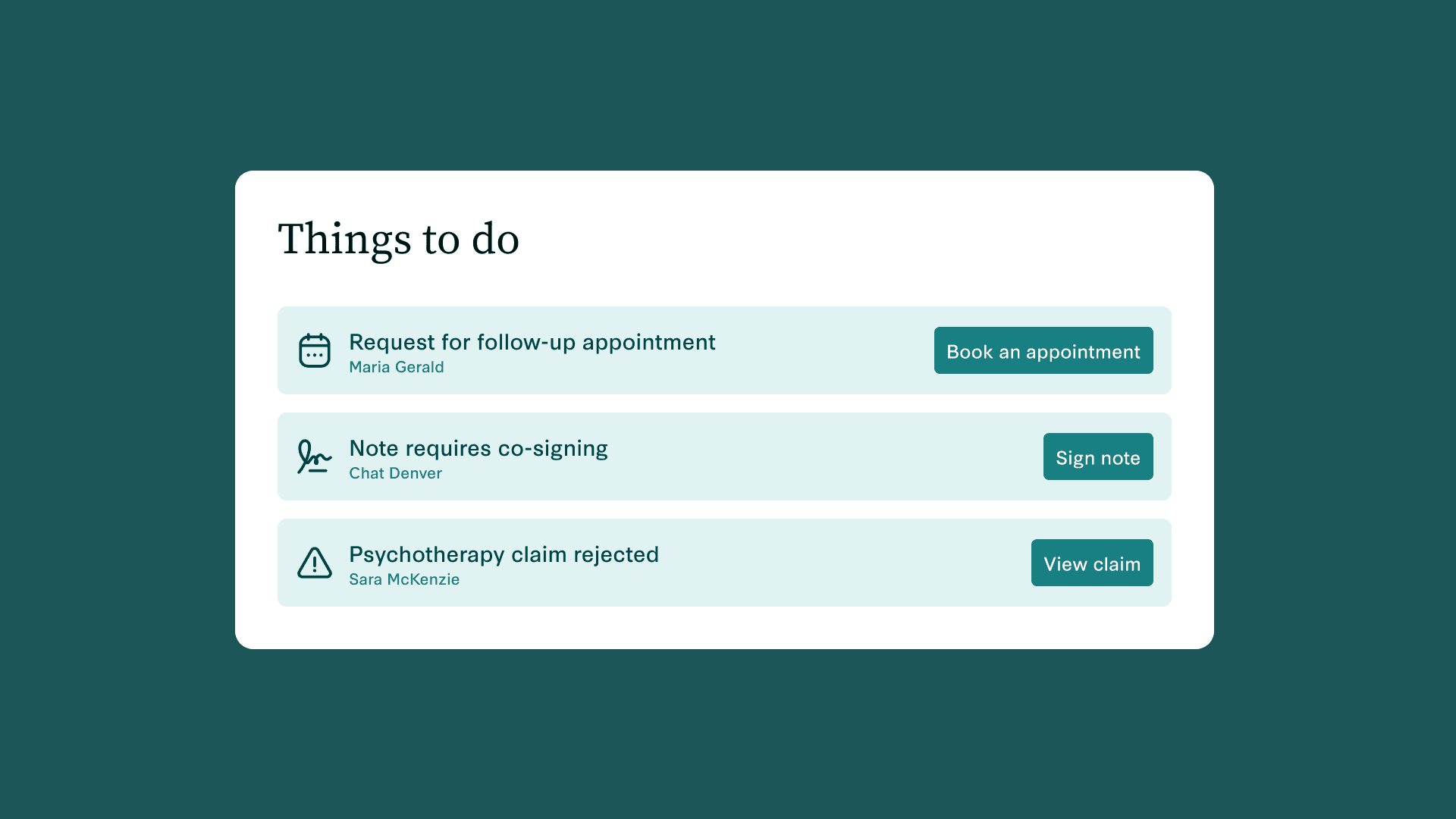 Practice task center with appointment, note, and claim follow-ups