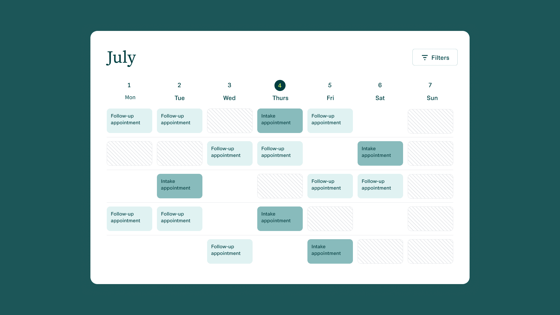 Scheduling calendar showing intake and follow-up appointments